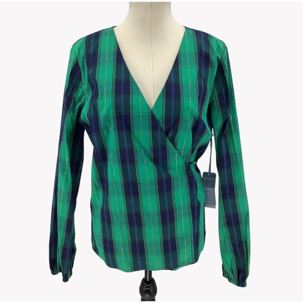 NWT Southern Tide Womens Green & Navy Plaid Wrap Long Sleeve Top XL - Picture 2 of 9